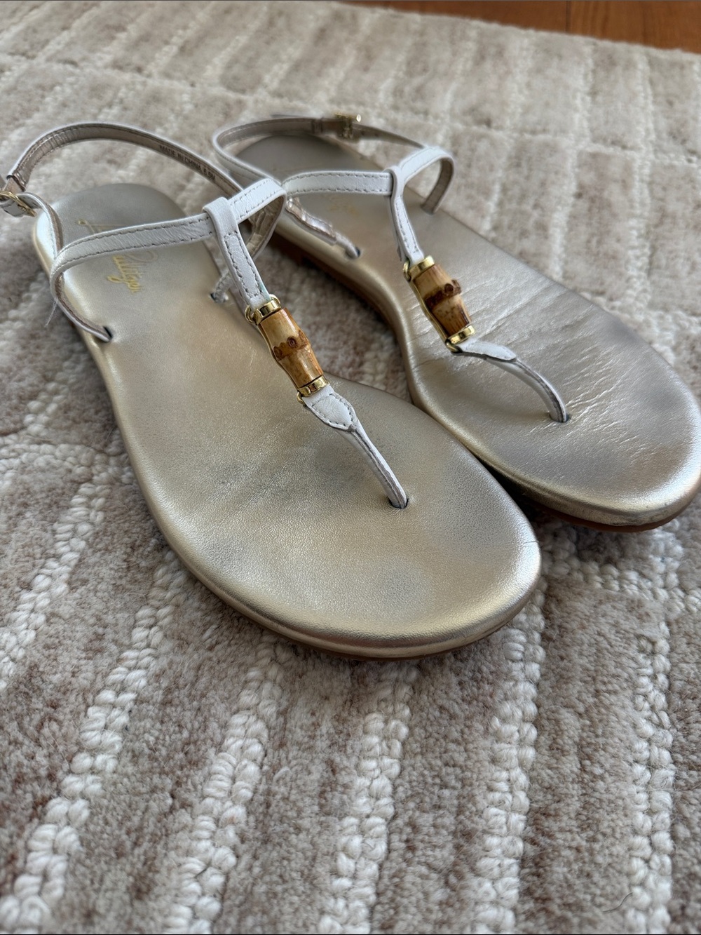 Lilly Pulitzer White Leather T-Strap Sandals with Gold Insole and Bamboo Accent